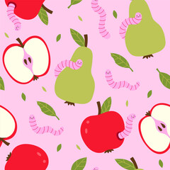 Seamless pattern with wormy apples and pears on a pink background. Vector graphics