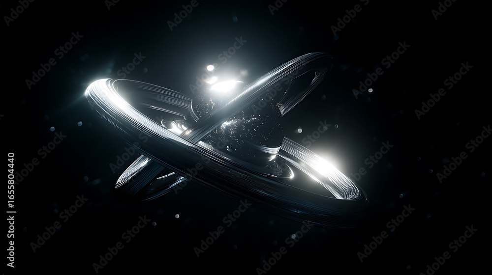 Poster a mesmerizing 3d render of intertwined metallic rings, illuminated by bright lights, creating a futu