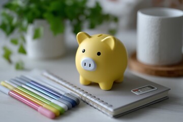 Yellow piggy bank on notebook with multicolored pens on desk