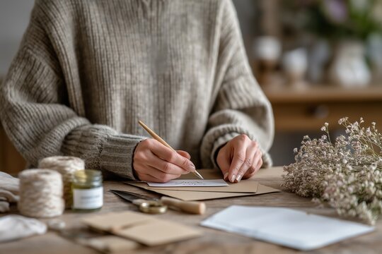 Female writing letter with calligraphy pen at cozy workspace