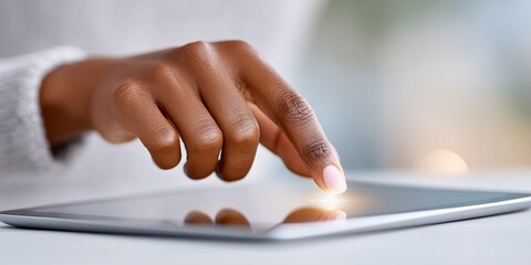 African female hand using touchscreen on tablet device