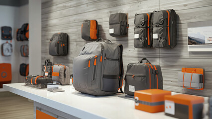 Modern backpack store with shelves full of stylish travel bags, laptop backpacks, and accessories
