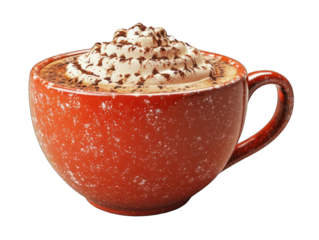 Latte in a textured orange mug, topped with whipped cream and cocoa powder