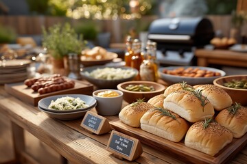 Outdoor barbecue spread with grilled meats and fresh buns on rustic wooden table