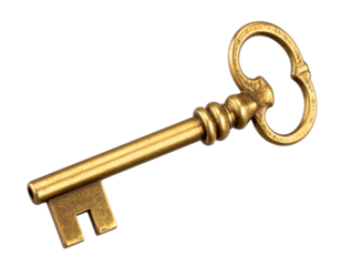  Chave Dourada Estilizada em Perspectiva Diagonal, Reflexo Metálico Brilhante, Fundo Transparente – AI Gerado