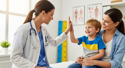 Fototapeta premium Happy pediatrician in uniform giving high five to cute child, child smiling, sitting on mother's lap during doctor visit. Trust, pediatric care, stress-free medical support, family medicine