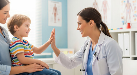 Happy pediatrician in uniform giving high five to cute child, child smiling, sitting on mother's lap during doctor visit. Trust, pediatric care, stress-free medical support, family medicine
