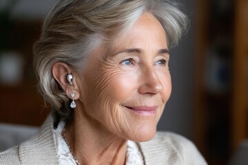 Elderly caucasian woman smiling with hearing aid in cozy home environment
