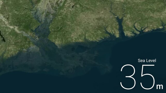 Earth map animation with rising sea level indicator and coastal elevation display