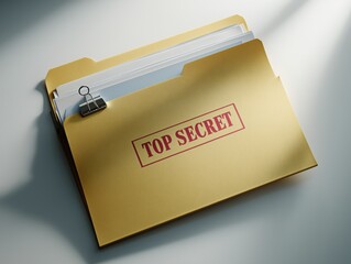 Secure confidential documents stamped TOP SECRET in a professional manila folder with binder clip, perfect for corporate espionage or classified information themes
