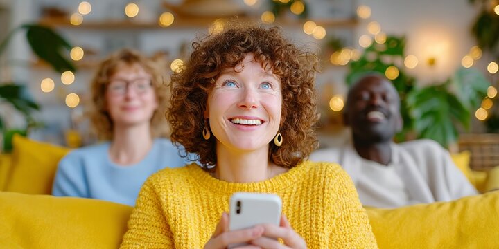 Happy diverse adults relaxing with smartphones in cozy living room
