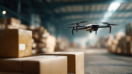 delivery drone hovers over cardboard boxes in  warehouse with stacked inventory visible in  background
