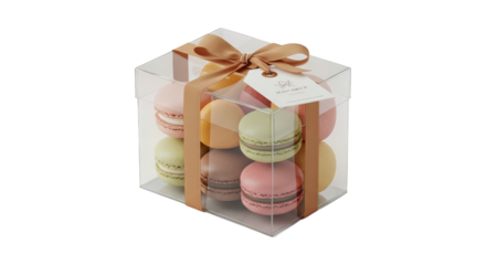 Assorted Gourmet French Macarons in a Clear Gift Box with Ribbon and Tag