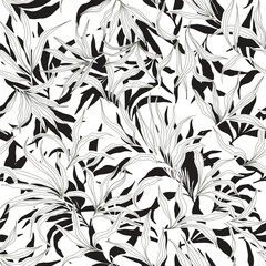 A black and white pattern featuring intricate, stylized leaves on a white background, creating a dynamic botanical design, surface design can use in dress, pillow, curtains.