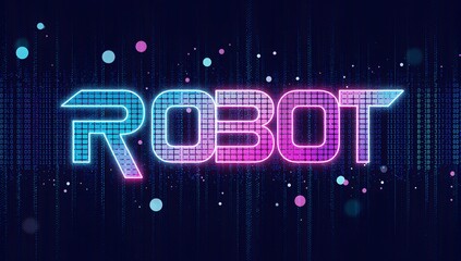 Robot typography in neon blue and magenta with LED block texture, binary code backdrop, glowing particle accents, ideal for robotics or AI branding