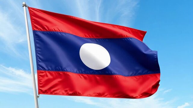 Stunning photorealistic Laos flag waves gracefully against a vibrant sky blue backdrop, perfect for national pride and travel visuals.