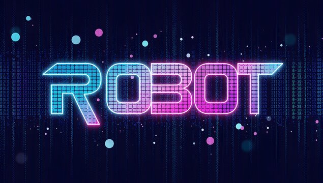 Robot typography in neon blue and magenta with LED block texture, binary code backdrop, glowing particle accents, ideal for robotics or AI branding