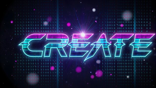 Electric neon text 'CREATE' in blue and pink hues over binary code matrix with light flares and glitch effects for tech creative themes