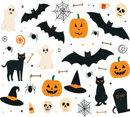 Fototapeta premium A festive collection of hand-drawn Halloween icons, including pumpkins, ghosts, bats, and black cats. art of illustration or background