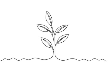 One line drawing of a plant sprout with leaves, simple nature vector illustration on white background