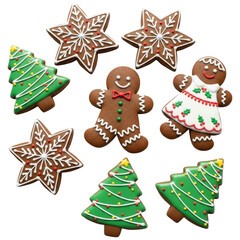 Fototapeta premium A Top View of Various Christmas Gingerbread Cookies, Cut Out, Clipping Path, Isolated on a Transparent PNG Background.