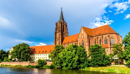 Fototapeta premium Panoramic view of a historic church complex by a river
