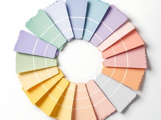 Obraz premium Geometric flat lay of circular pastel color palette samples on white background. Minimal, stylish, and modern design layout for creative use