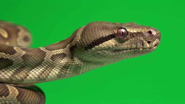 Close-up of a Brown and Tan Python's Head with Scales and Eye Detail Against a Bright Green Screen Background, Ideal for Chroma Key Compositing