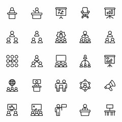 Conference Vector Icon Set | Adjustable Line Weight | Speaker, podium, audience, chart, presentation, mic, discussion, seminar, networking, success, projector, meeting, talk, panel icons