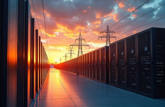 Data center servers align with power lines under vibrant sunset sky. Modern technology, energy infrastructure for digital age. Cloud computing, network, data storage key concepts. Scene represents