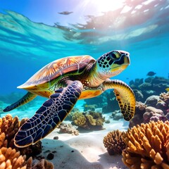 Obraz premium Vibrant sea turtle swimming in a coral reef, sunlit water