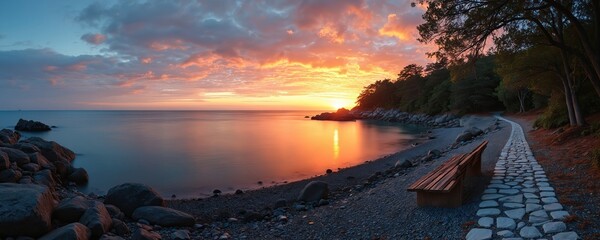Panoramic sunset seascape displays driftwood on rocky shore reflecting golden sky over calm ocean. Peaceful evening ambiance along coastal path with stone bench. Serene natural landscape.