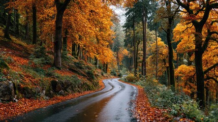 Autumnal, winding road through a vibrant forest