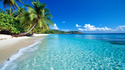 Fototapeta premium Idyllic island beach with clear turquoise water and lush tropical greenery.