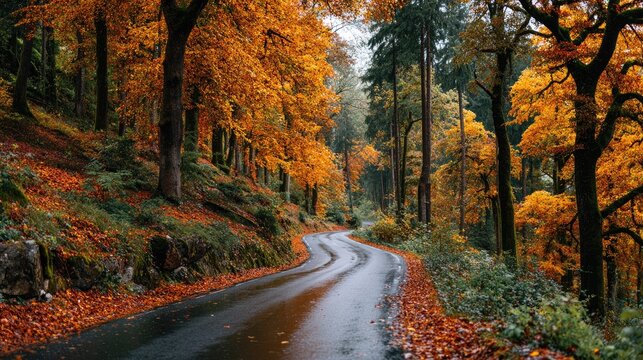 Autumnal, winding road through a vibrant forest