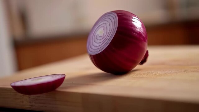 Close-up of a sliced red onion on a wooden cutting board