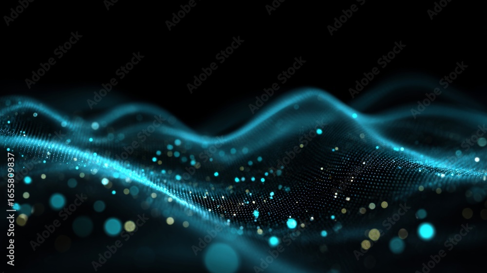 Poster futuristic technology digital wave background with glowing motion dots, abstract cyber network visua