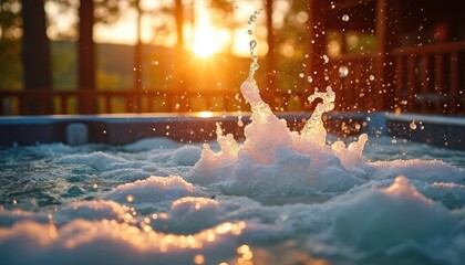 Bubbling water in hot tub with jets on at sunset. Warm golden sunbeams shine through splashing water, foam. Wood deck railing visible in blurred background. Enjoying ultimate relaxation, luxury spa,