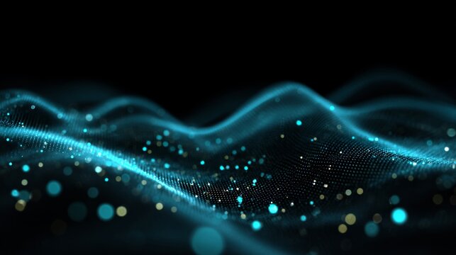 Futuristic technology digital wave background with glowing motion dots, abstract cyber network visualization, and defocused particle effects for high-tech digital design