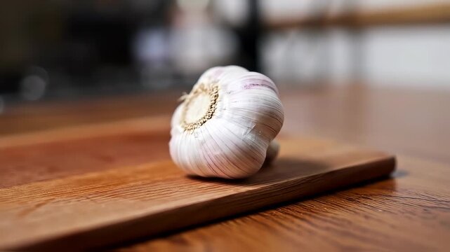 A whole head of garlic rests on a wooden cutting board