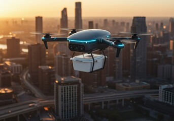 Fototapeta premium An advanced autonomous drone swiftly delivers a package over a modern urban skyline at golden hour, illustrating the cutting-edge future of aerial logistics and smart city infrastructure.
