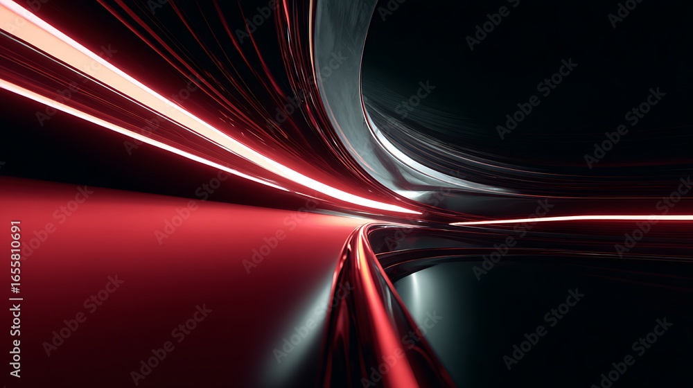 Poster abstract red light trails on a dark reflective surface, creating a futuristic and dynamic visual eff