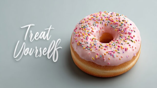 Pink frosted donut with sprinkles on gray background and 'treat yourself' text