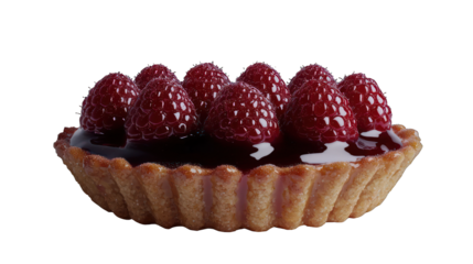 Raspberry tartlet with glossy fruit arranged atop a filled pastry shell