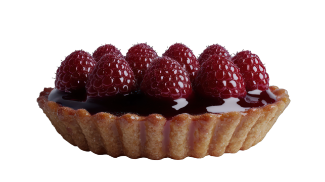 Raspberry tartlet with glossy fruit arranged atop a filled pastry shell