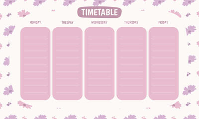 Cute kawaii printable school timetable with pastel purple floral background
