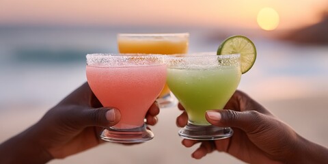 Refreshing cocktails on beach at sunset with diverse friends