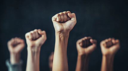 Close-up of a raised fist symbolizing unity and empowerment, social justice, and equality for all, black background.