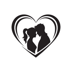 Black silhouette couple artistically framed within a heart shape. 