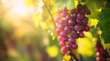 Fototapeta premium Vineyard with purple grapes on the vines, bathed in morning sunlight.